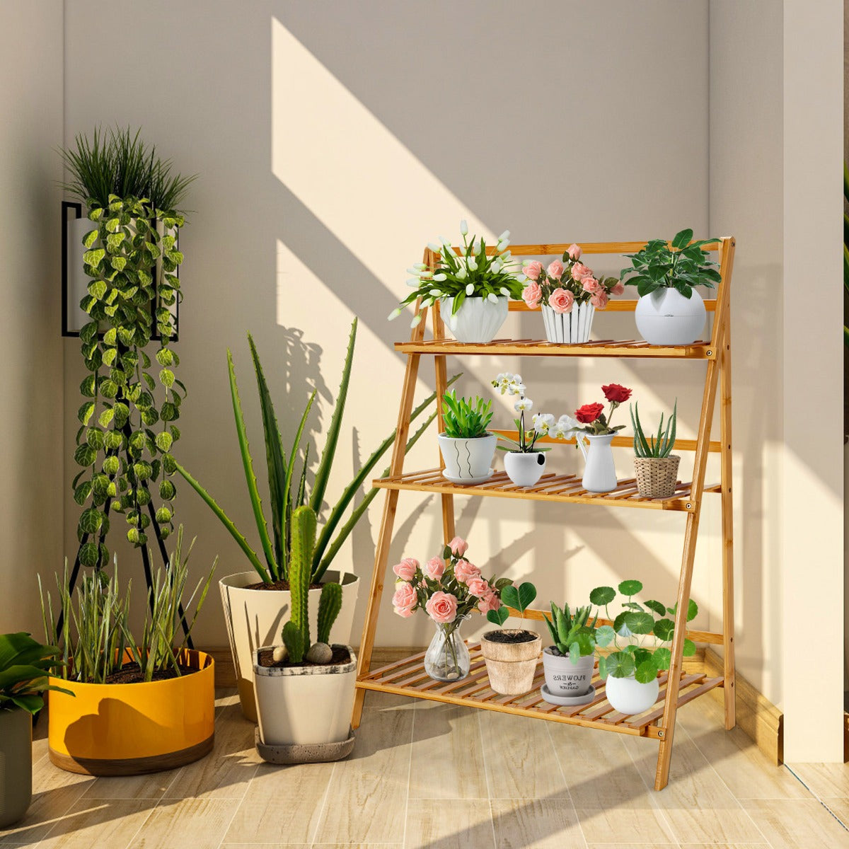 Estantes para Plantas de 3 Niveles Estantería de Bambú Decorativa para Macetas de Flores para Patio y Jardín 70 x 38 x 95,5cm Natural