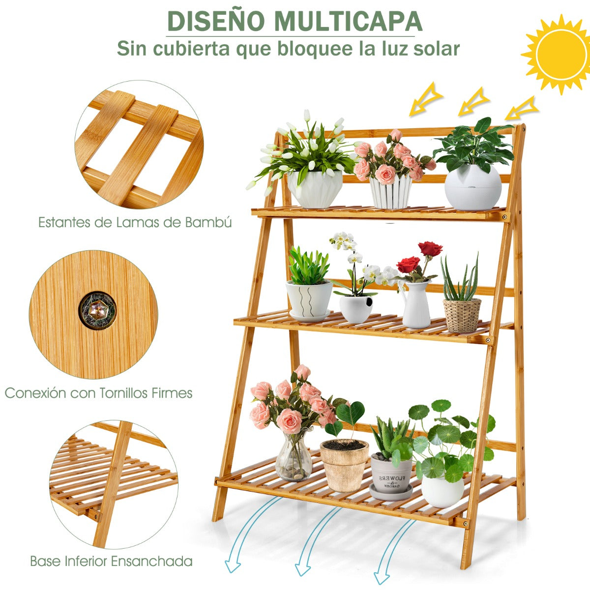 Estantes para Plantas de 3 Niveles Estantería de Bambú Decorativa para Macetas de Flores para Patio y Jardín 70 x 38 x 95,5cm Natural