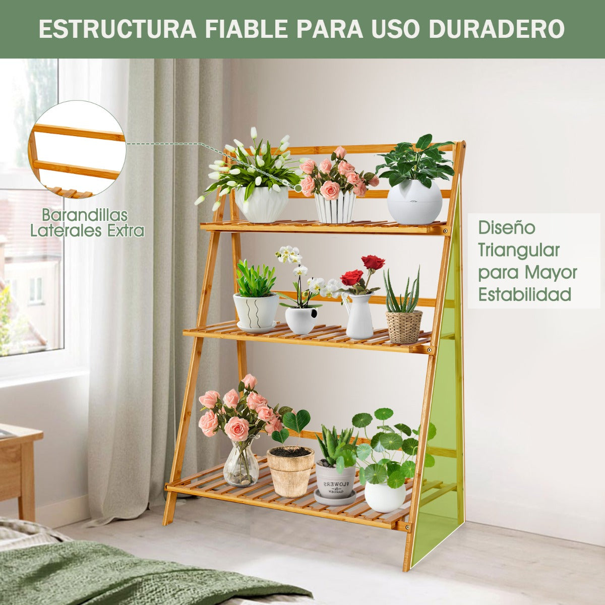 Estantes para Plantas de 3 Niveles Estantería de Bambú Decorativa para Macetas de Flores para Patio y Jardín 70 x 38 x 95,5cm Natural