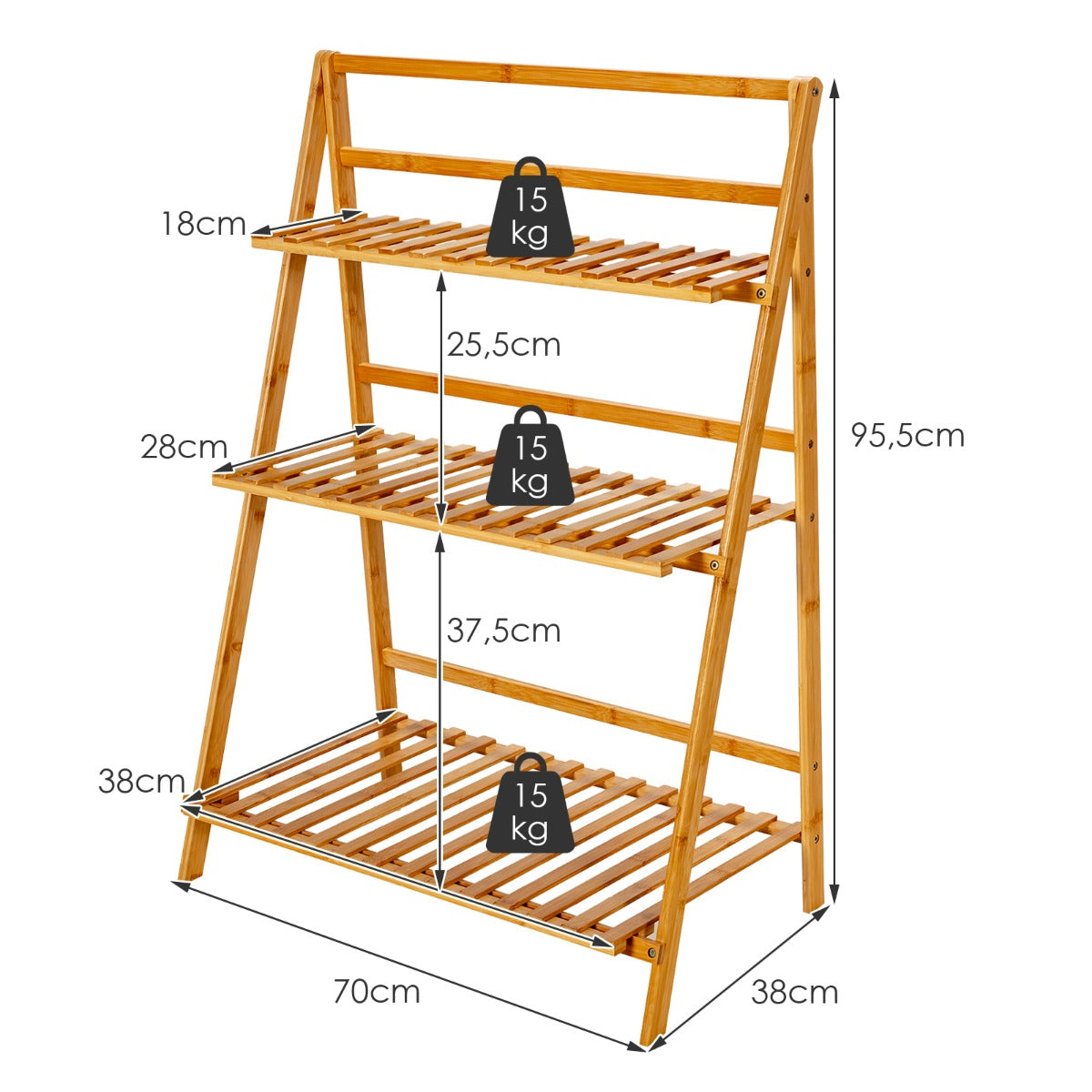 Estantes para Plantas de 3 Niveles Estantería de Bambú Decorativa para Macetas de Flores para Patio y Jardín 70 x 38 x 95,5cm Natural