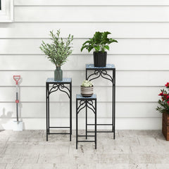 Conjunto de 3 Soportes de Metal para Plantas Soporte de Exhibición de Macetas Pintado con Azulejos de Mosaico para Hogar y Balcón Azul