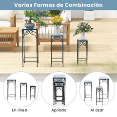 Conjunto de 3 Soportes de Metal para Plantas Soporte de Exhibición de Macetas Pintado con Azulejos de Mosaico para Hogar y Balcón Azul