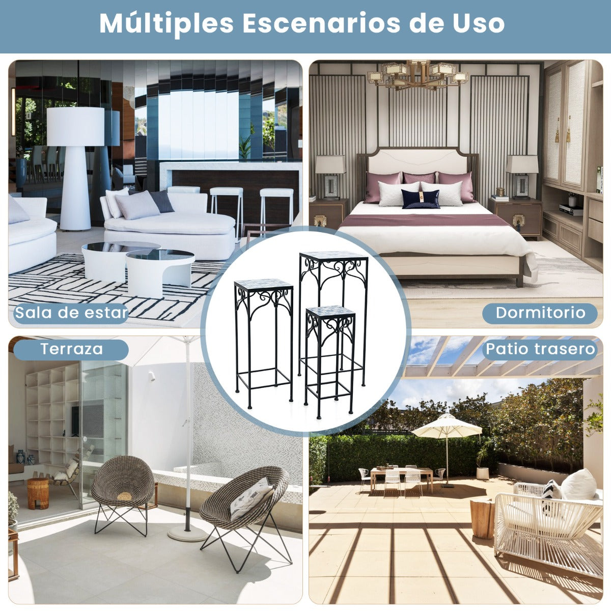 Conjunto de 3 Soportes de Metal para Plantas Soporte de Exhibición de Macetas Pintado con Azulejos de Mosaico para Hogar y Balcón Azul