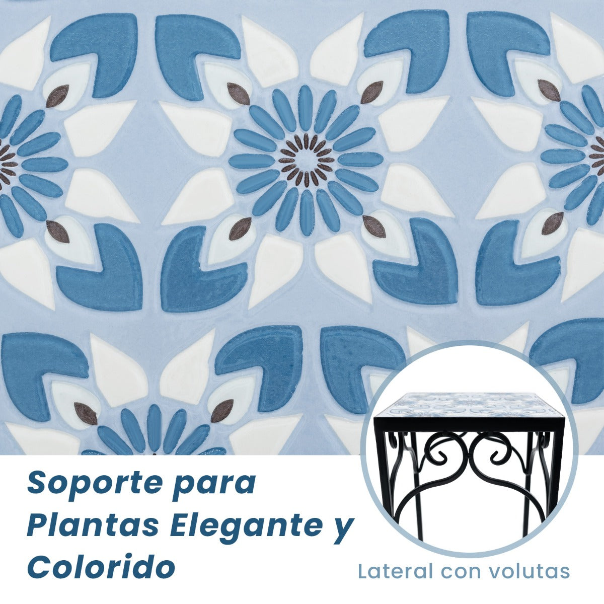 Conjunto de 3 Soportes de Metal para Plantas Soporte de Exhibición de Macetas Pintado con Azulejos de Mosaico para Hogar y Balcón Azul