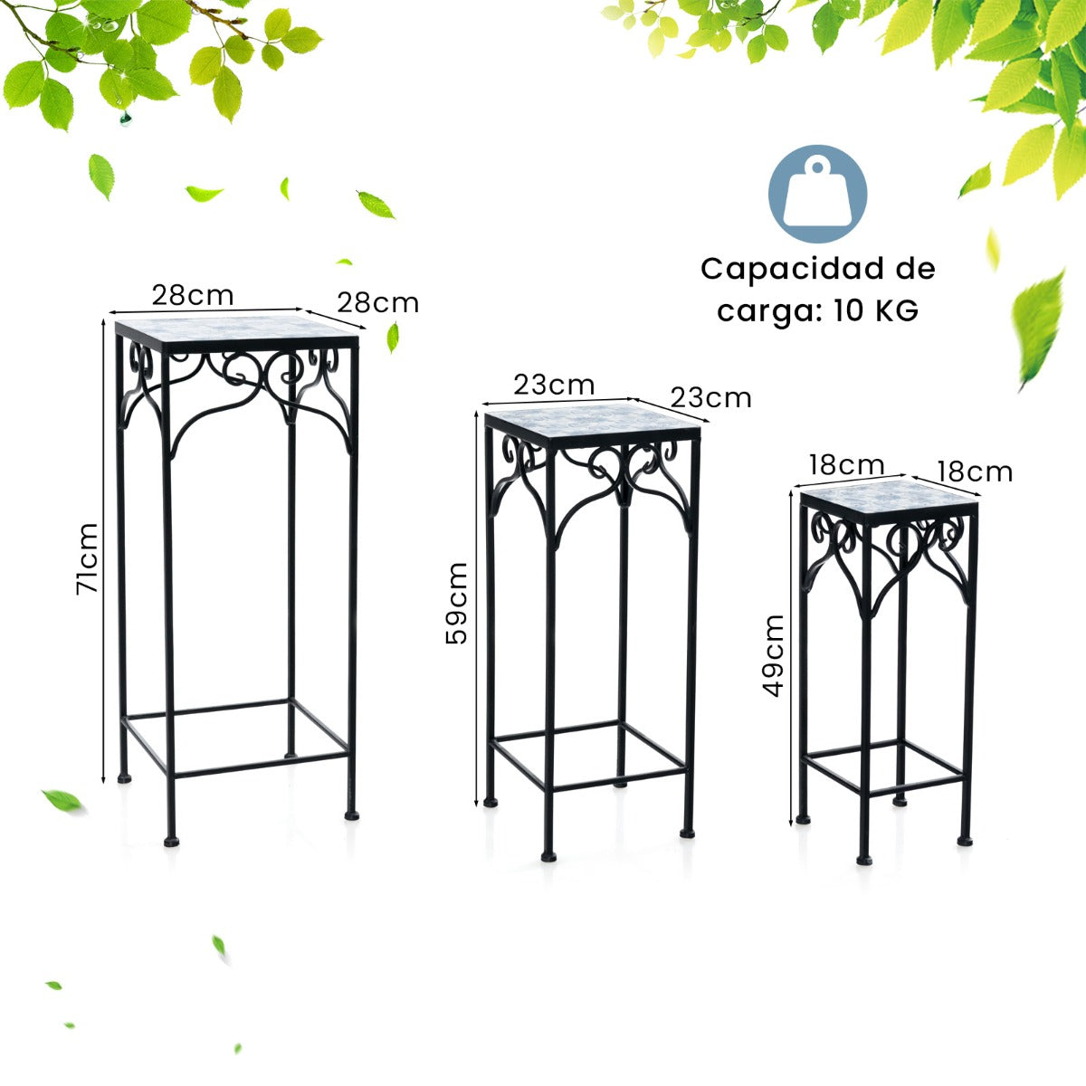 Conjunto de 3 Soportes de Metal para Plantas Soporte de Exhibición de Macetas Pintado con Azulejos de Mosaico para Hogar y Balcón Azul