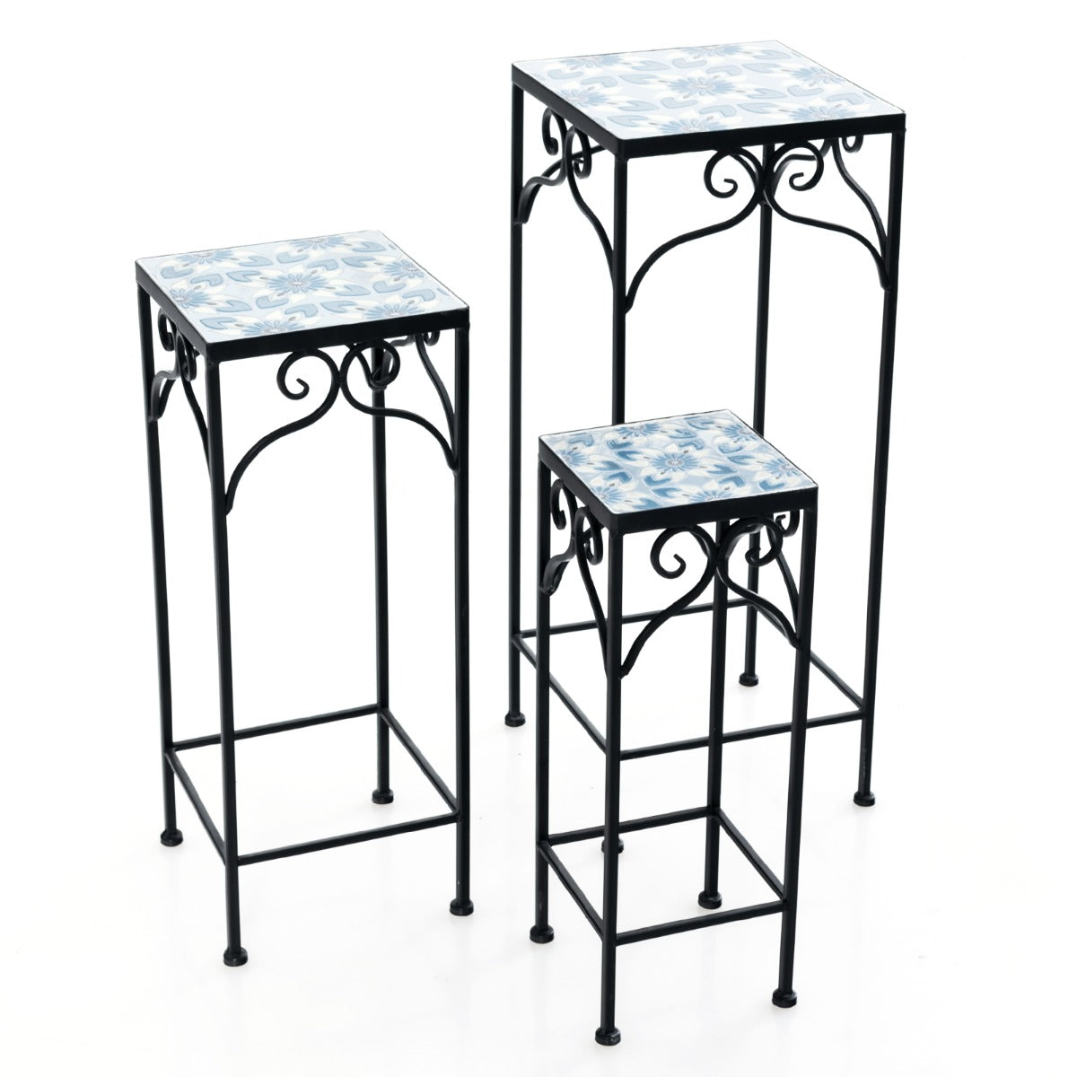Conjunto de 3 Soportes de Metal para Plantas Soporte de Exhibición de Macetas Pintado con Azulejos de Mosaico para Hogar y Balcón Azul