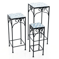 Conjunto de 3 Soportes de Metal para Plantas Soporte de Exhibición de Macetas Pintado con Azulejos de Mosaico para Hogar y Balcón Azul
