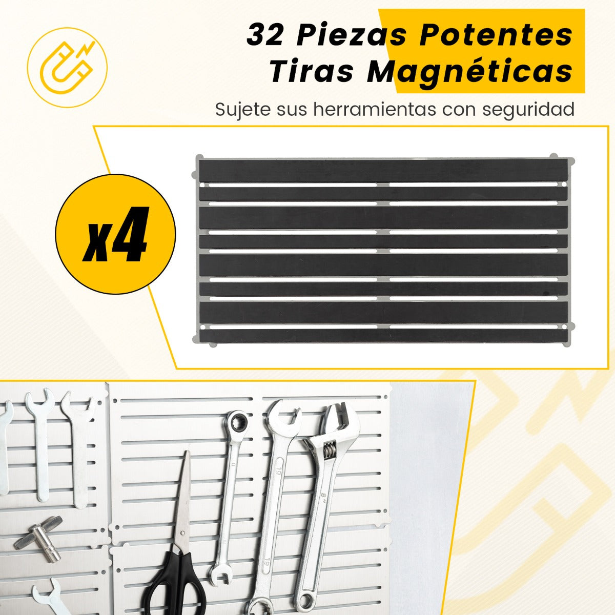 Juego de 4 PCS Soportes Magnéticos para Herramientas con 32 Fuertes Tiras Magnéticas Paneles Magnéticos para Trabajo Garaje Tienda Plata