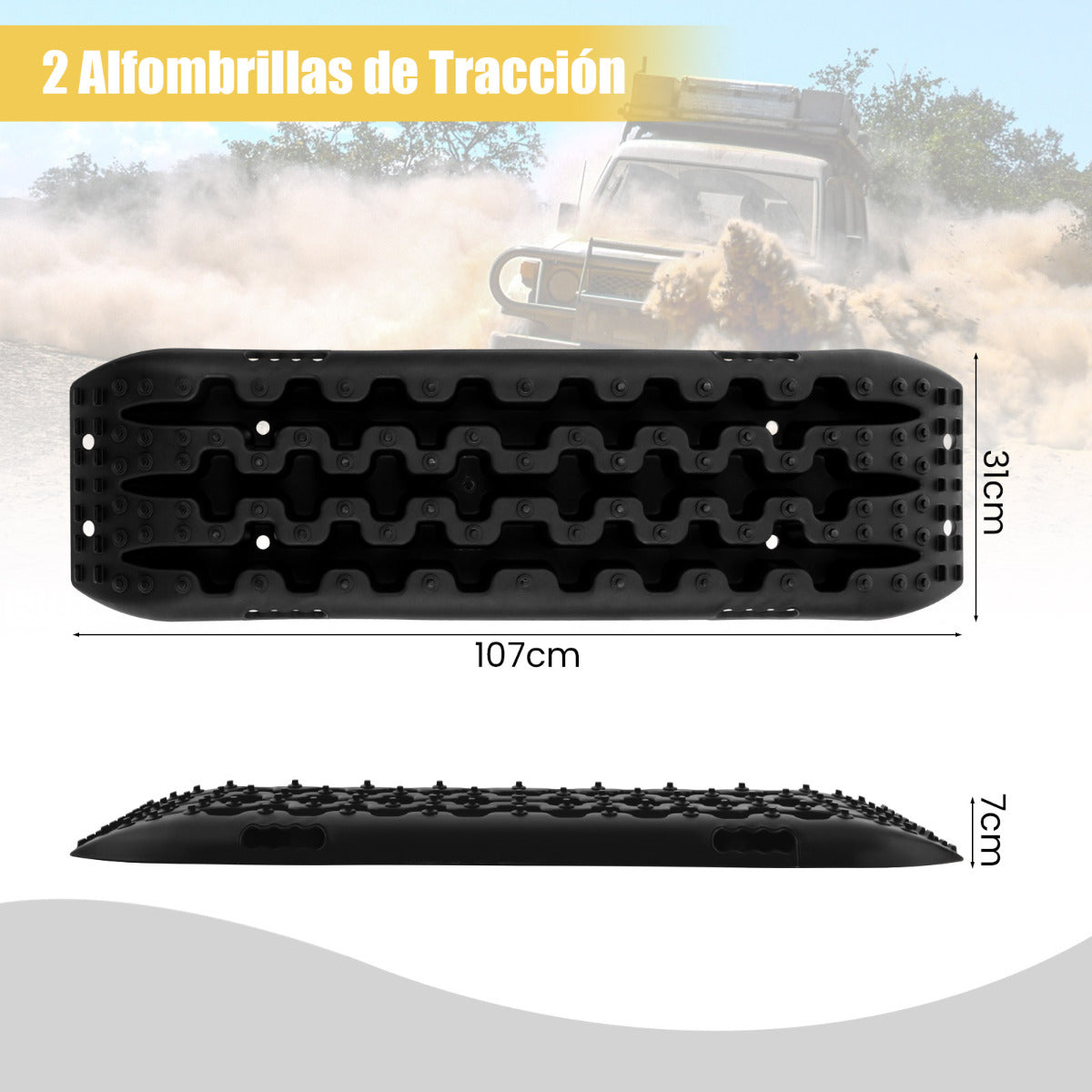 Tablas de Tracción Todoterreno Alfombrillas de Tracción 2 Piezas para Nieve Extracción y Recuperación de Vehículos 107 x 31 x 7 cm Negro