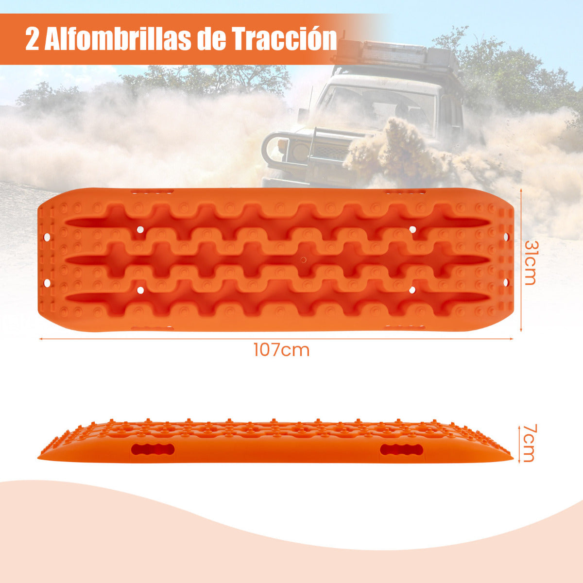 Tablas de Tracción Todoterreno Alfombrillas de Tracción 2 Piezas para Nieve Extracción y Recuperación de Vehículos 107 x 31 x 7 cm Naranja