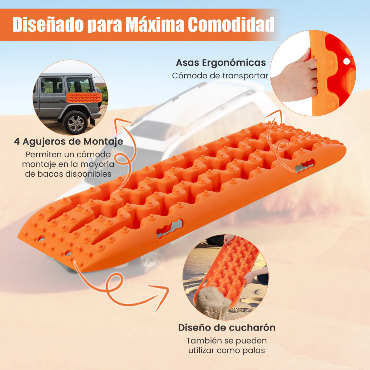 Tablas de Tracción Todoterreno Alfombrillas de Tracción 2 Piezas para Nieve Extracción y Recuperación de Vehículos 107 x 31 x 7 cm Naranja