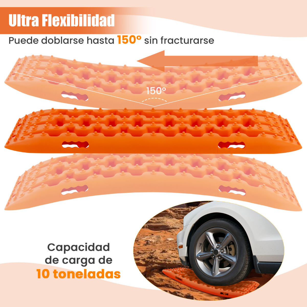 Tablas de Tracción Todoterreno Alfombrillas de Tracción 2 Piezas para Nieve Extracción y Recuperación de Vehículos 107 x 31 x 7 cm Naranja