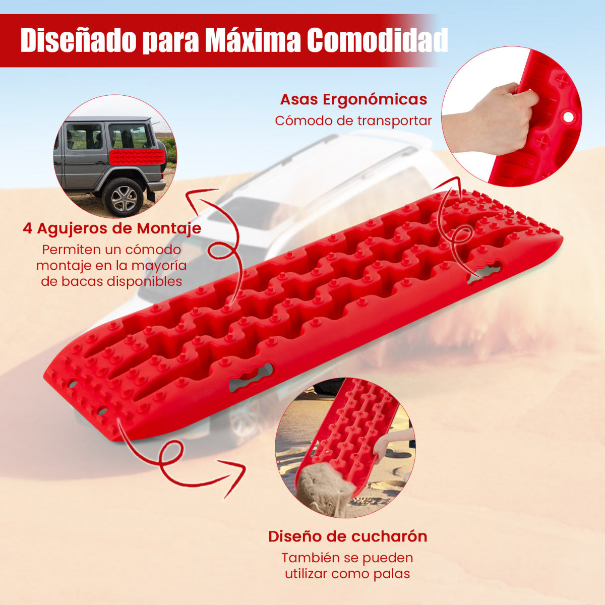 Tablas de Tracción Todoterreno Alfombrillas de Tracción 2 Piezas para Nieve Extracción y Recuperación de Vehículos 107 x 31 x 7 cm Rojo