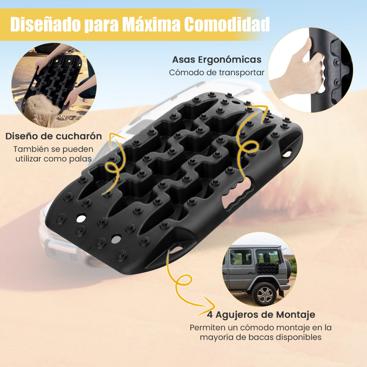 Tablas de Tracción Todoterreno Alfombrillas de Tracción 2 Piezas para Nieve Extracción y Recuperación de Vehículos 58 x 31 x 6 cm Negro