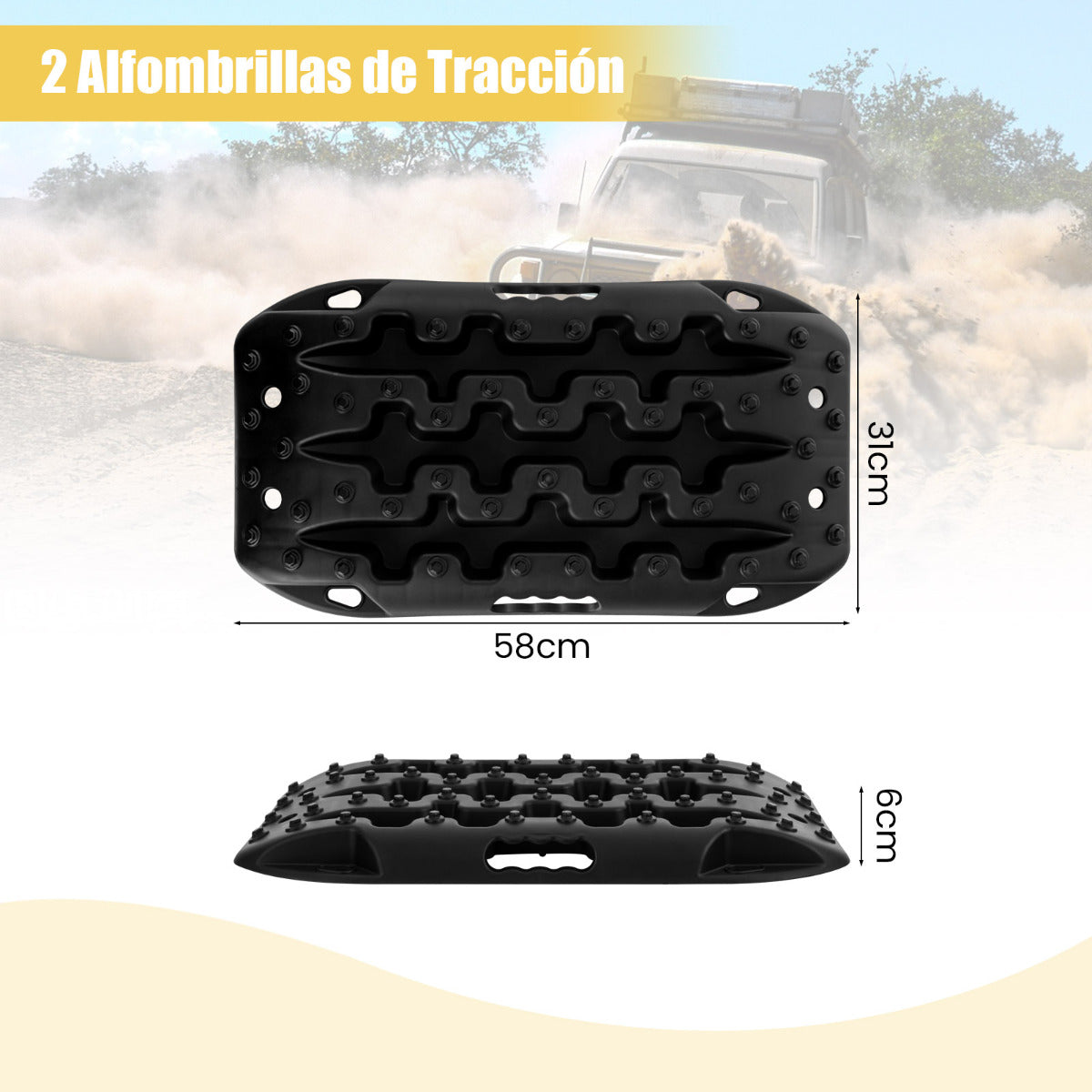 Tablas de Tracción Todoterreno Alfombrillas de Tracción 2 Piezas para Nieve Extracción y Recuperación de Vehículos 58 x 31 x 6 cm Negro