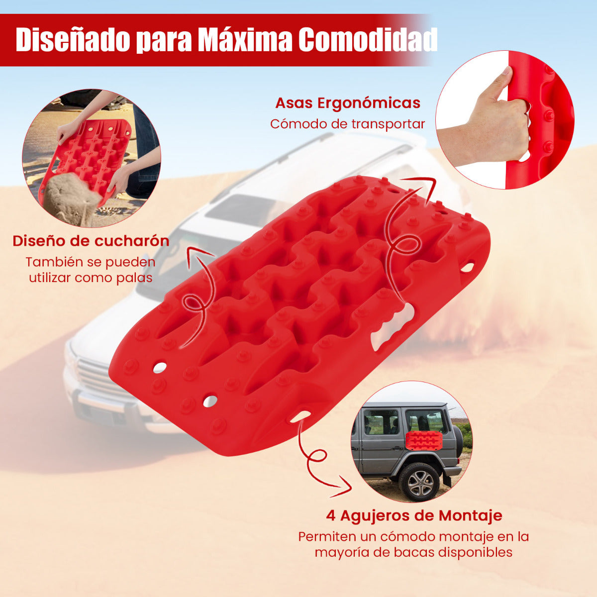 Tablas de Tracción Todoterreno Alfombrillas de Tracción 2 Piezas para Nieve Extracción y Recuperación de Vehículos 58 x 31 x 6 cm Rojo