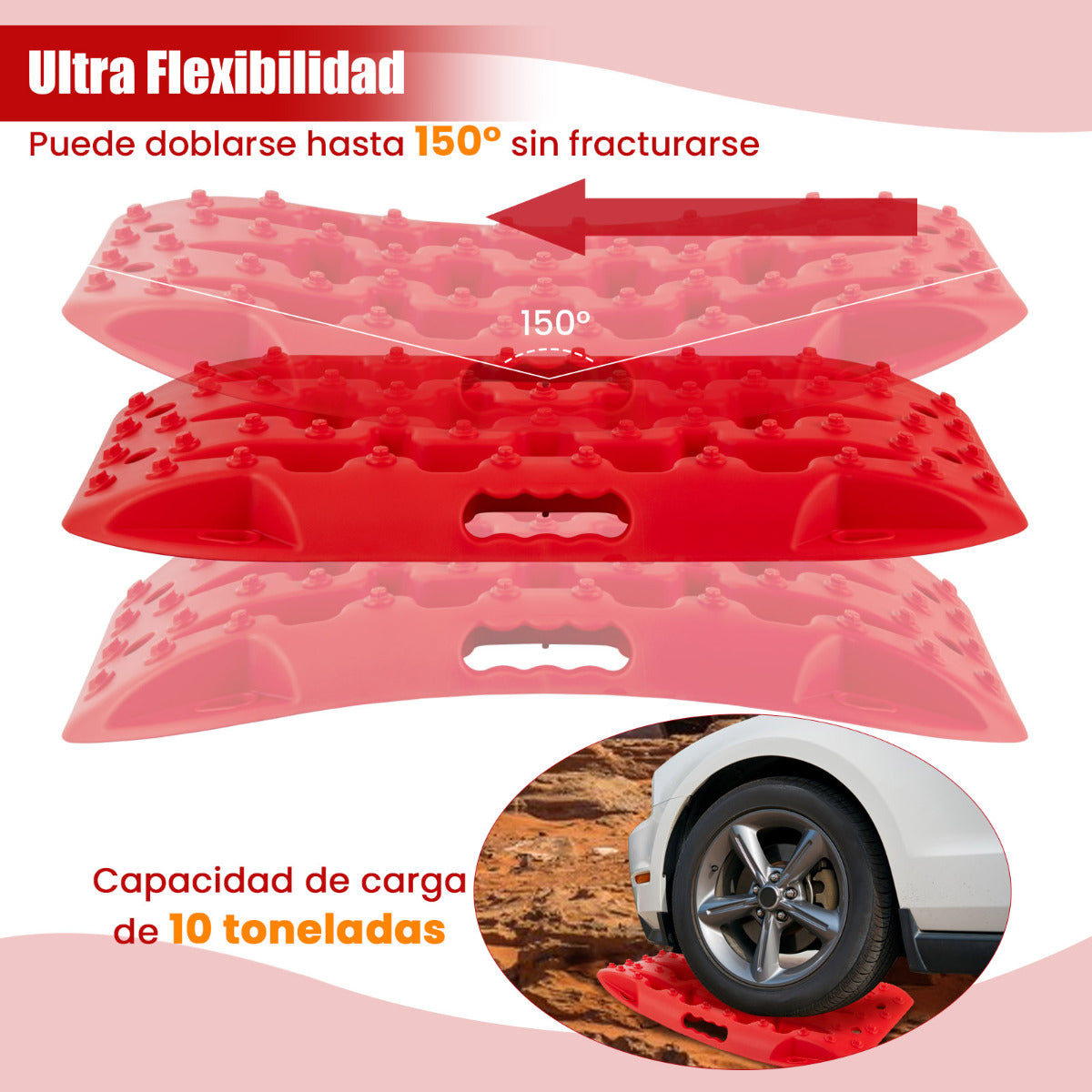 Tablas de Tracción Todoterreno Alfombrillas de Tracción 2 Piezas para Nieve Extracción y Recuperación de Vehículos 58 x 31 x 6 cm Rojo