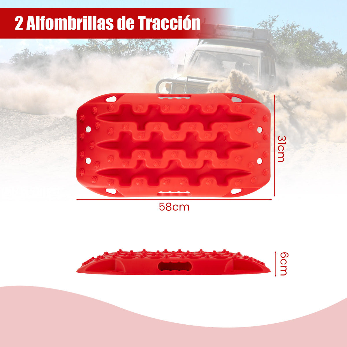 Tablas de Tracción Todoterreno Alfombrillas de Tracción 2 Piezas para Nieve Extracción y Recuperación de Vehículos 58 x 31 x 6 cm Rojo