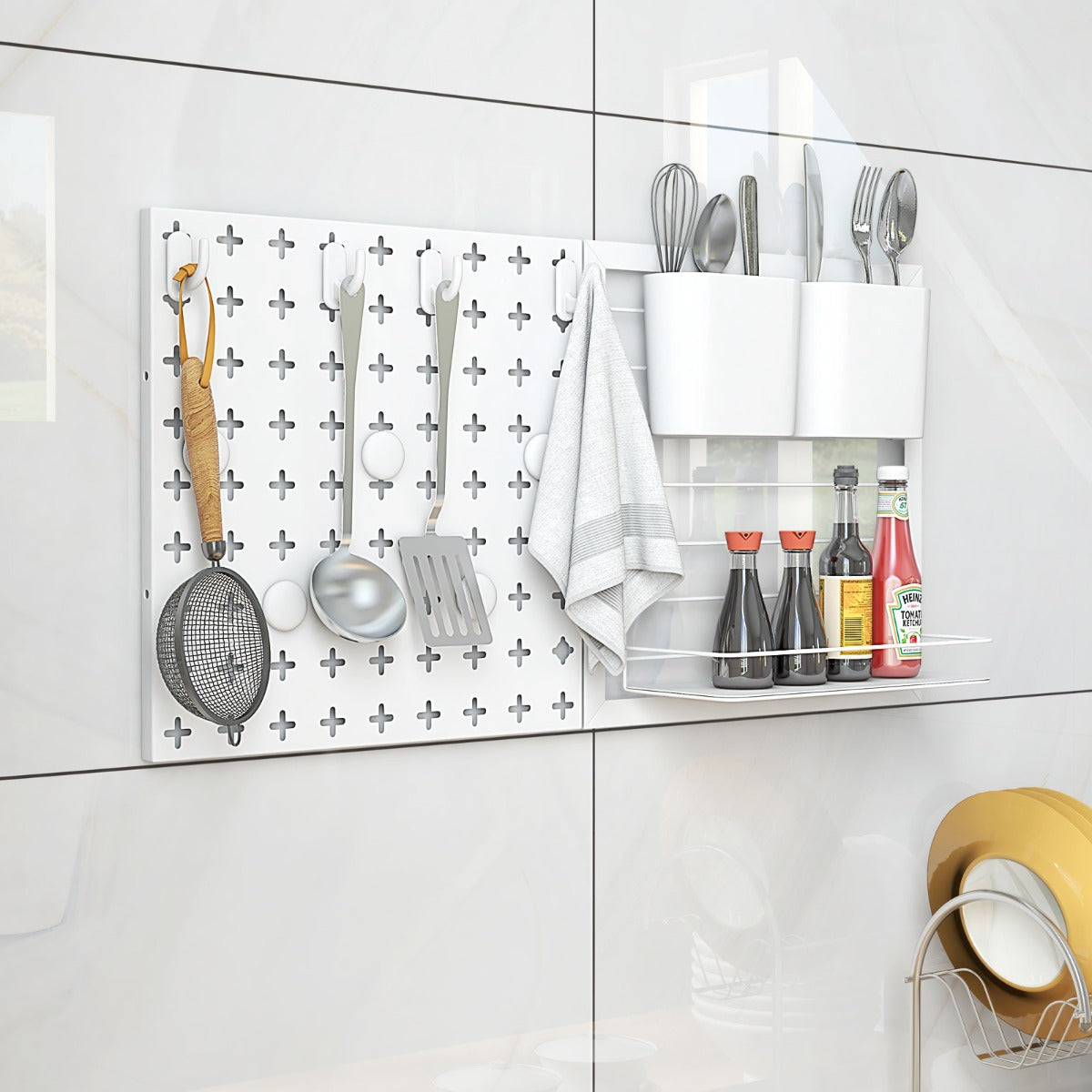 Tablero Perforado de Pared con 2 Paneles de Tablero Perforado Estante de Almacenamiento Imanes y Ganchos para Cocina y Oficina Blanco
