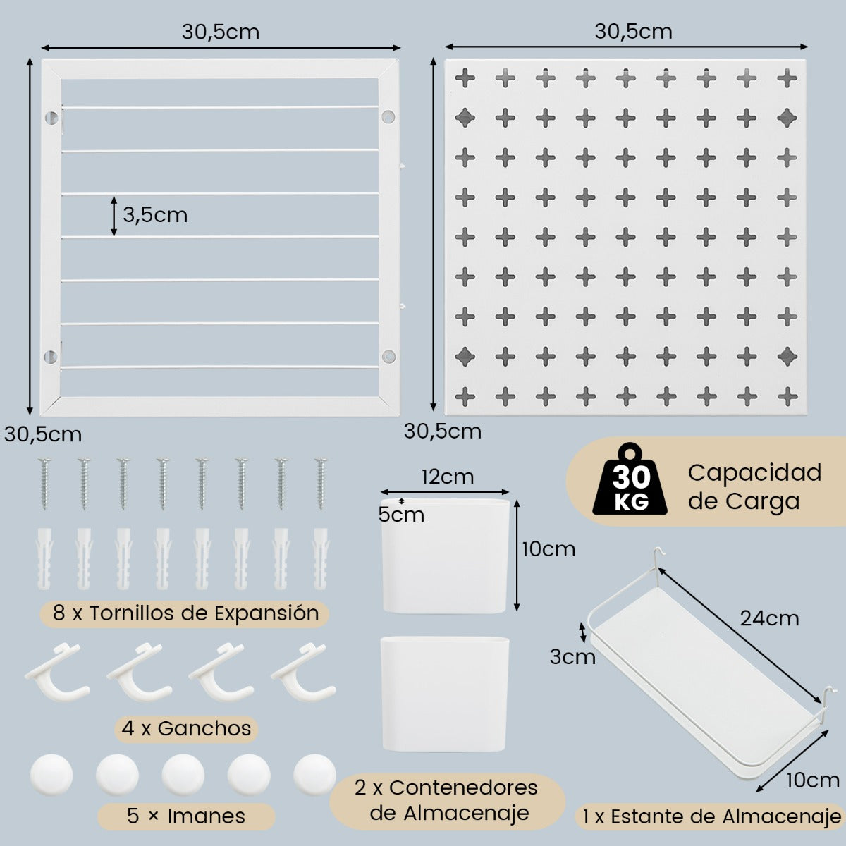 Tablero Perforado de Pared con 2 Paneles de Tablero Perforado Estante de Almacenamiento Imanes y Ganchos para Cocina y Oficina Blanco