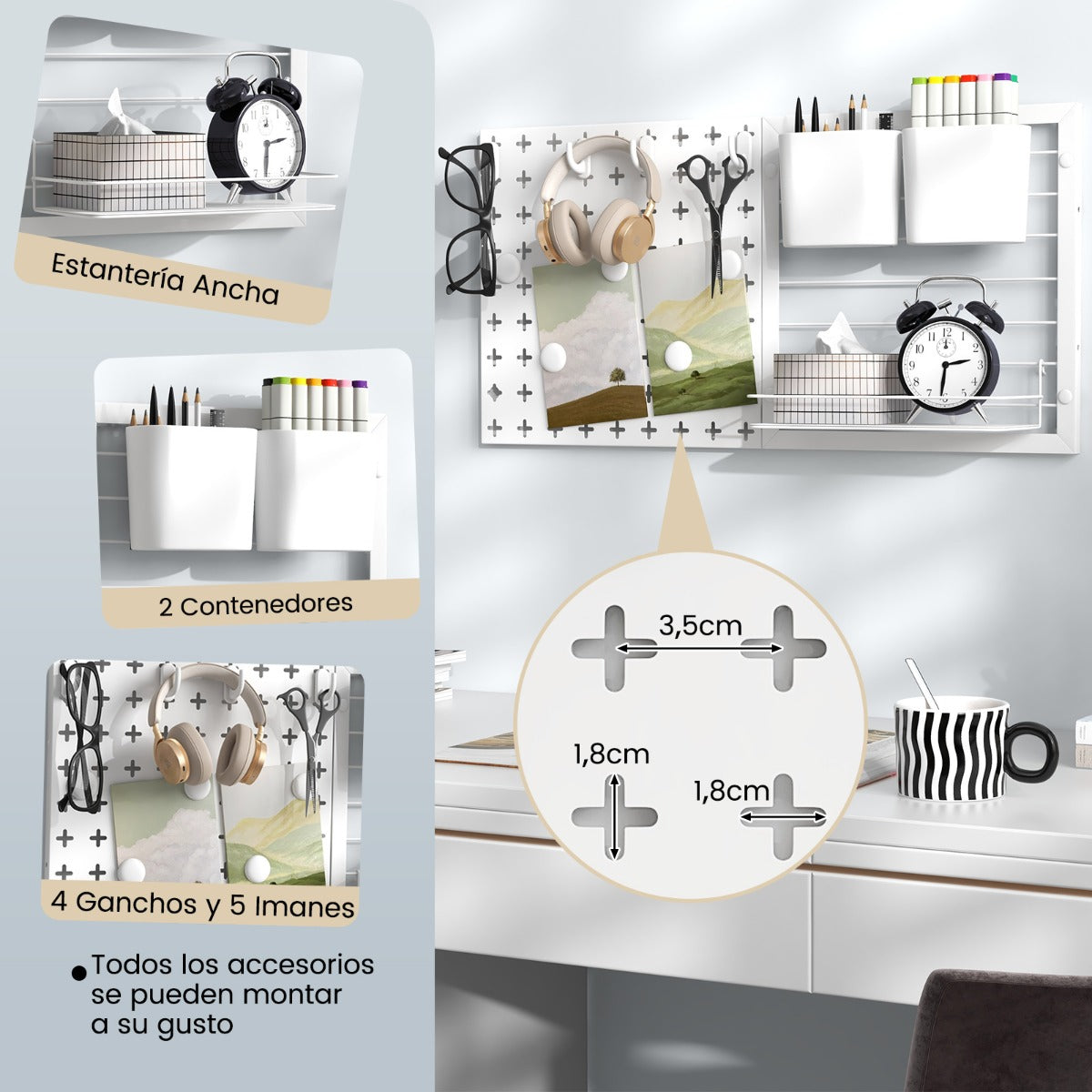 Tablero Perforado de Pared con 2 Paneles de Tablero Perforado Estante de Almacenamiento Imanes y Ganchos para Cocina y Oficina Blanco