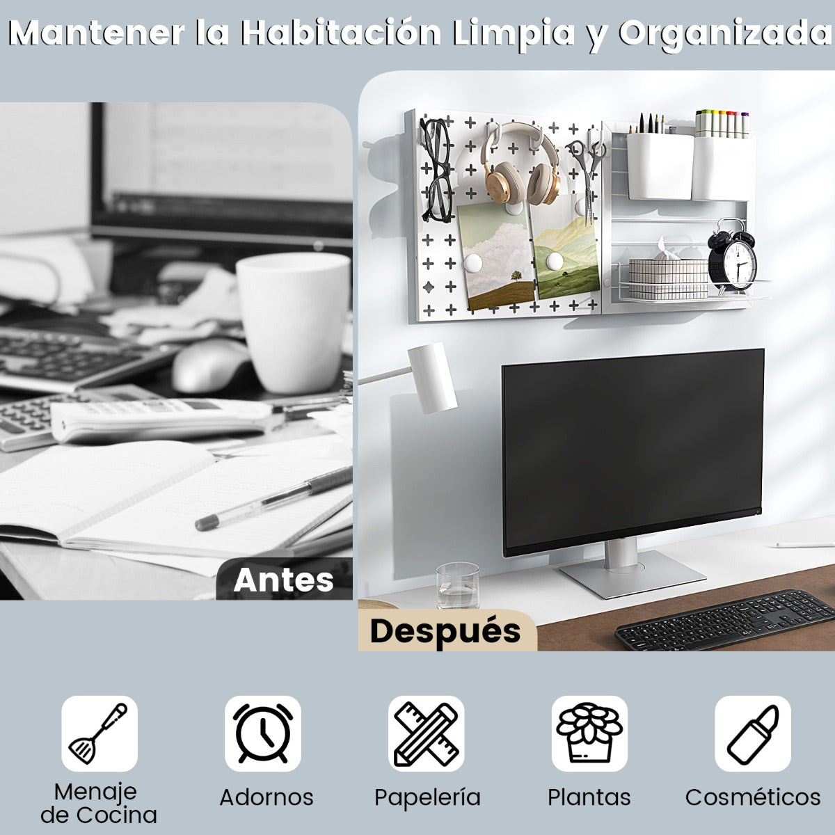Tablero Perforado de Pared con 2 Paneles de Tablero Perforado Estante de Almacenamiento Imanes y Ganchos para Cocina y Oficina Blanco