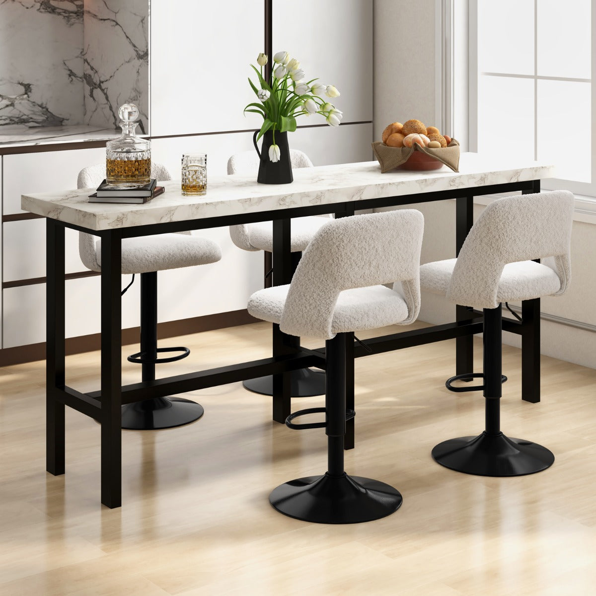 Juego de 2 Taburetes de Bar Sillas de Bar Giratorias Ajustables con Respaldo y Reposapiés Tapizados en Tela Teddy para Cocina Comedor Blanco