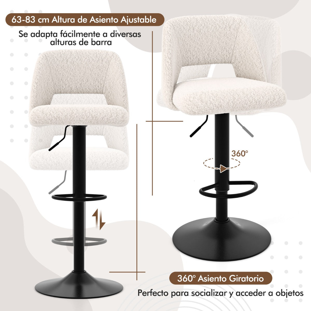 Juego de 2 Taburetes de Bar Sillas de Bar Giratorias Ajustables con Respaldo y Reposapiés Tapizados en Tela Teddy para Cocina Comedor Blanco