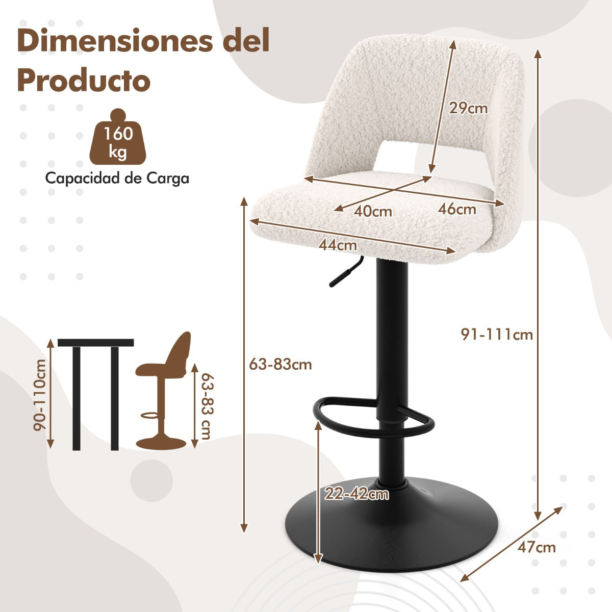 Juego de 2 Taburetes de Bar Sillas de Bar Giratorias Ajustables con Respaldo y Reposapiés Tapizados en Tela Teddy para Cocina Comedor Blanco