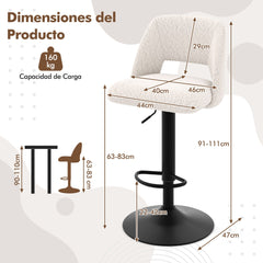Juego de 2 Taburetes de Bar Sillas de Bar Giratorias Ajustables con Respaldo y Reposapiés Tapizados en Tela Teddy para Cocina Comedor Blanco