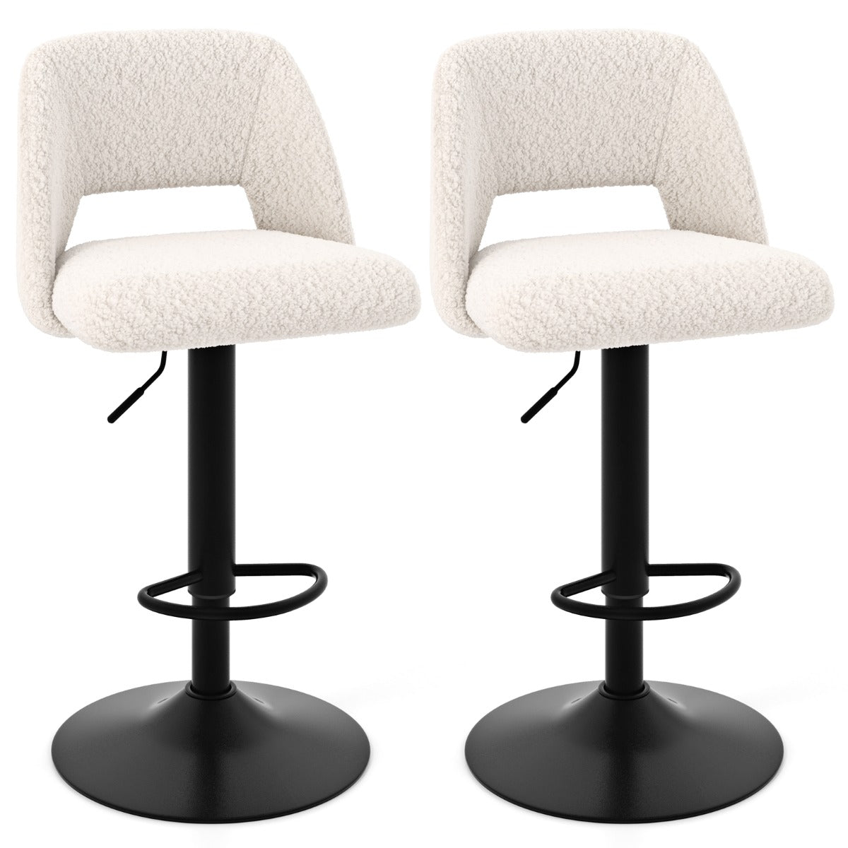 Juego de 2 Taburetes de Bar Sillas de Bar Giratorias Ajustables con Respaldo y Reposapiés Tapizados en Tela Teddy para Cocina Comedor Blanco