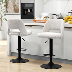 Juego de 2 Taburetes de Bar Sillas de Bar Giratorias Ajustables con Respaldo y Reposapiés Tapizados en Tela Teddy para Cocina Comedor Blanco