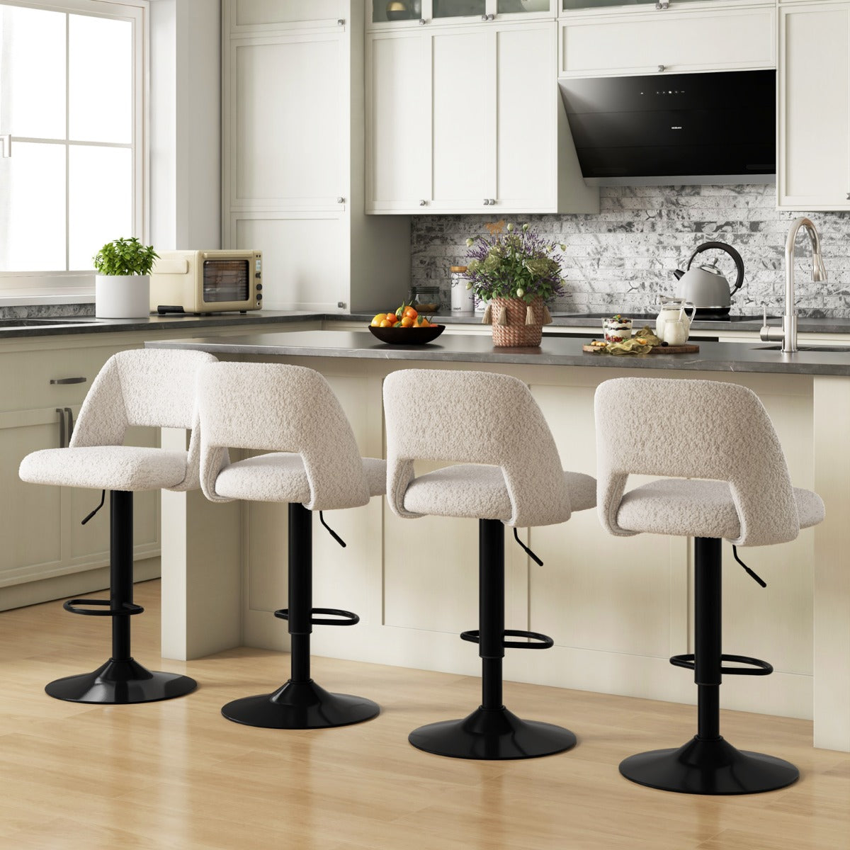 Juego de 2 Taburetes de Bar Sillas de Bar Giratorias Ajustables con Respaldo y Reposapiés Tapizados en Tela Teddy para Cocina Comedor Blanco