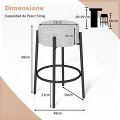 Taburete de Bar Sin Respaldo 68 cm con Asiento Redondo Acolchado y Base de Metal para Isla de Cocina Gris