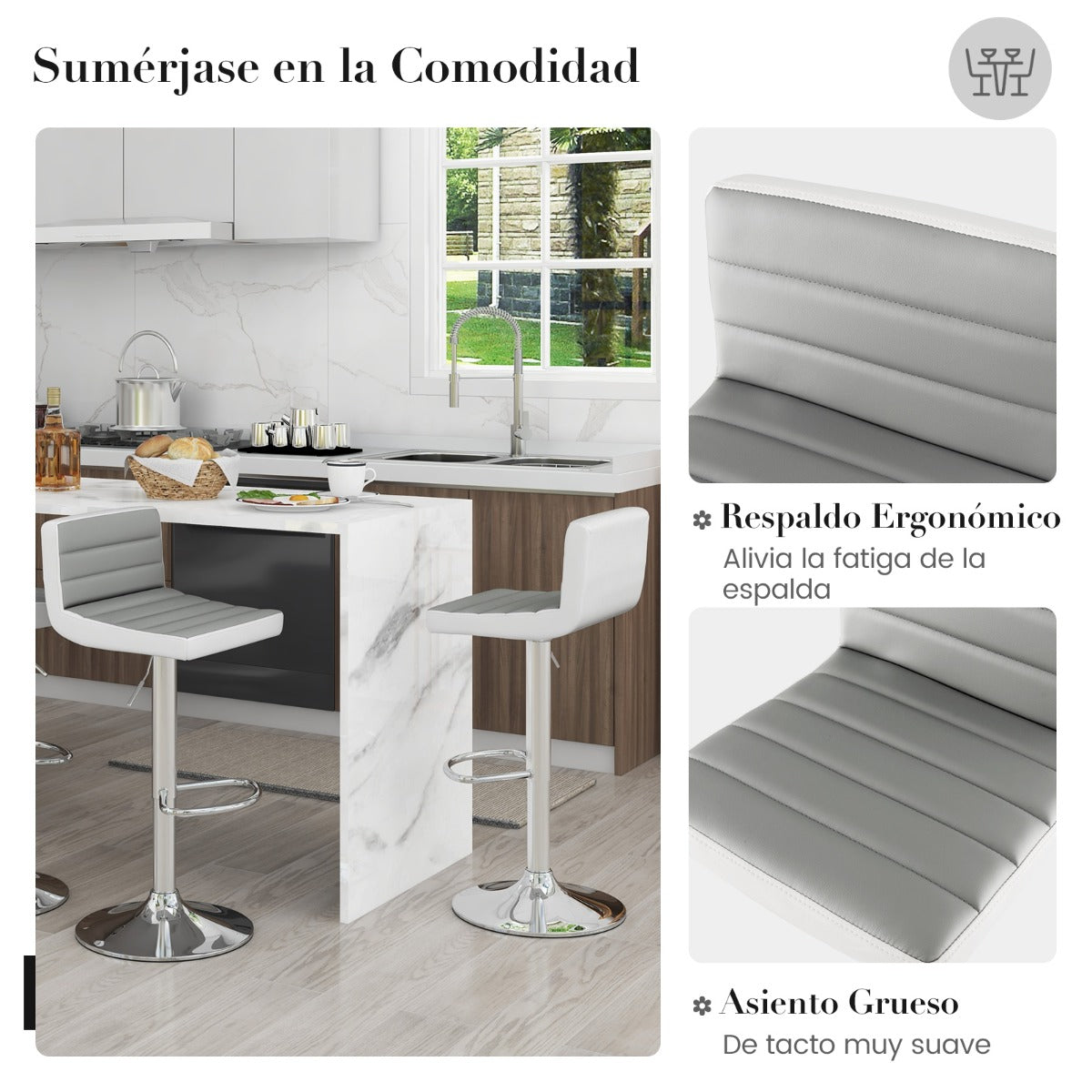 Conjunto de 2 Taburetes de Bar Giratorias Ajustables con Base Metálica y Reposapiés de Cuero PU para Isla de Cocina Pub y Café Gris