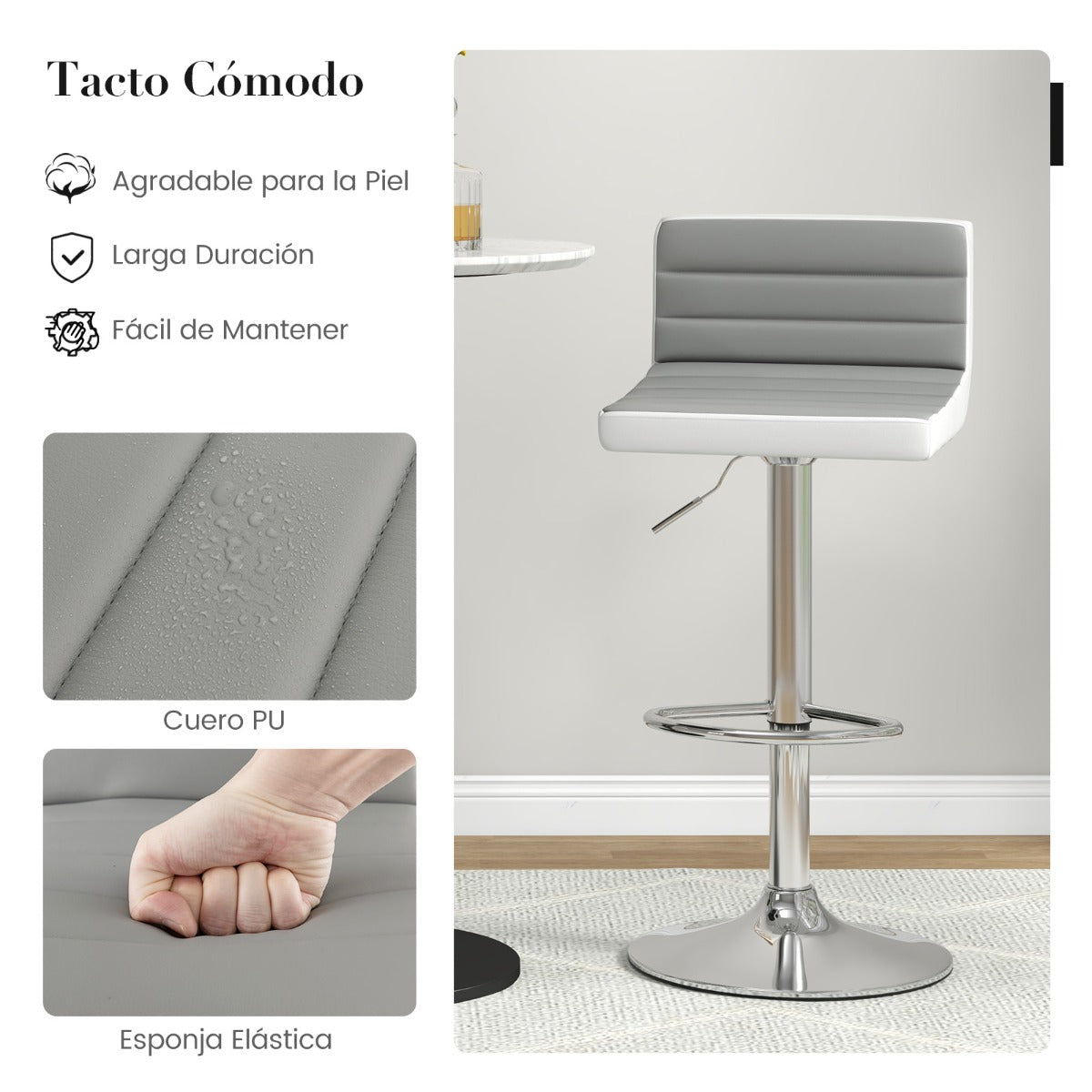 Conjunto de 2 Taburetes de Bar Giratorias Ajustables con Base Metálica y Reposapiés de Cuero PU para Isla de Cocina Pub y Café Gris