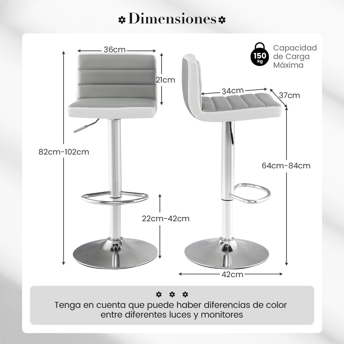 Conjunto de 2 Taburetes de Bar Giratorias Ajustables con Base Metálica y Reposapiés de Cuero PU para Isla de Cocina Pub y Café Gris