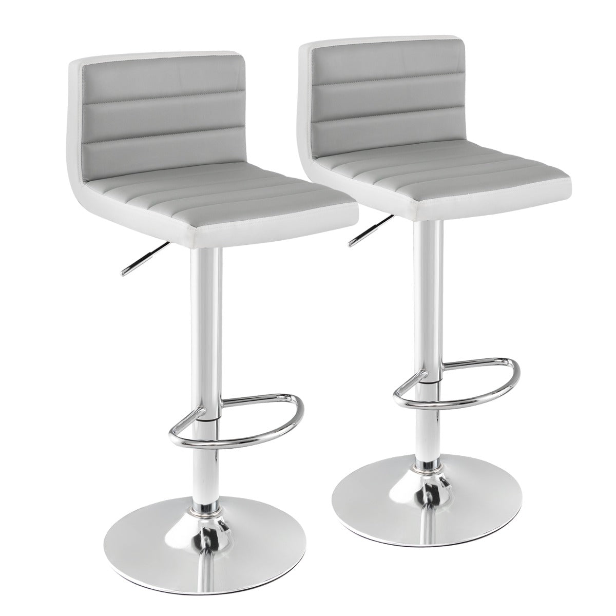 Conjunto de 2 Taburetes de Bar Giratorias Ajustables con Base Metálica y Reposapiés de Cuero PU para Isla de Cocina Pub y Café Gris