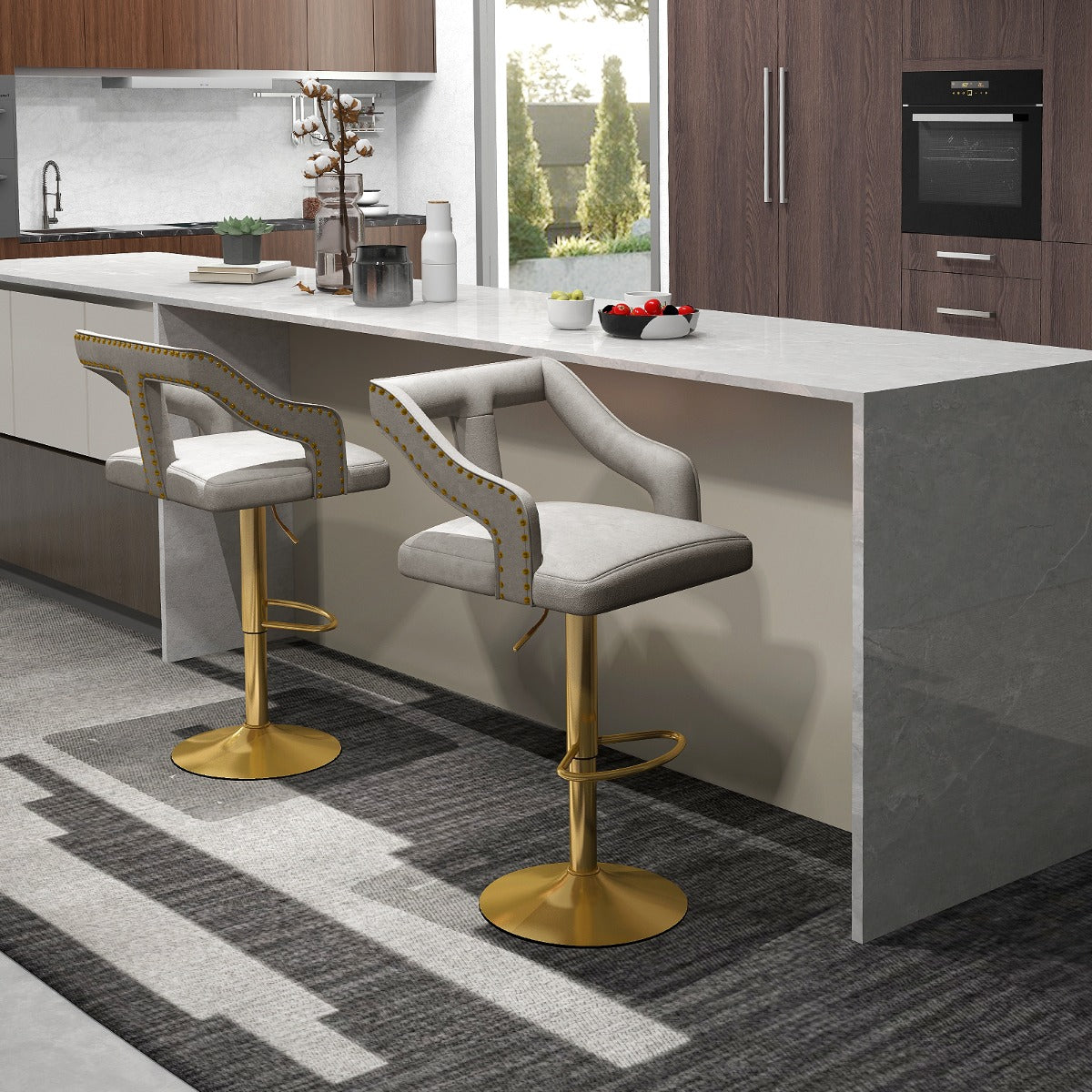 Juego de 2 Sillas de Bar Taburete Giratorio Ajustable con Reposapiés Base de Metal Silla de Comedor de Terciopelo Holandés para Bar Gris