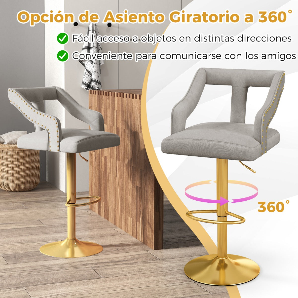 Juego de 2 Sillas de Bar Taburete Giratorio Ajustable con Reposapiés Base de Metal Silla de Comedor de Terciopelo Holandés para Bar Gris