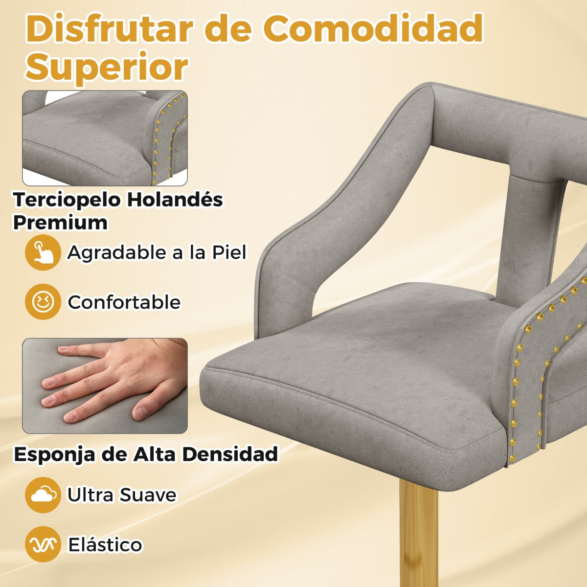 Juego de 2 Sillas de Bar Taburete Giratorio Ajustable con Reposapiés Base de Metal Silla de Comedor de Terciopelo Holandés para Bar Gris