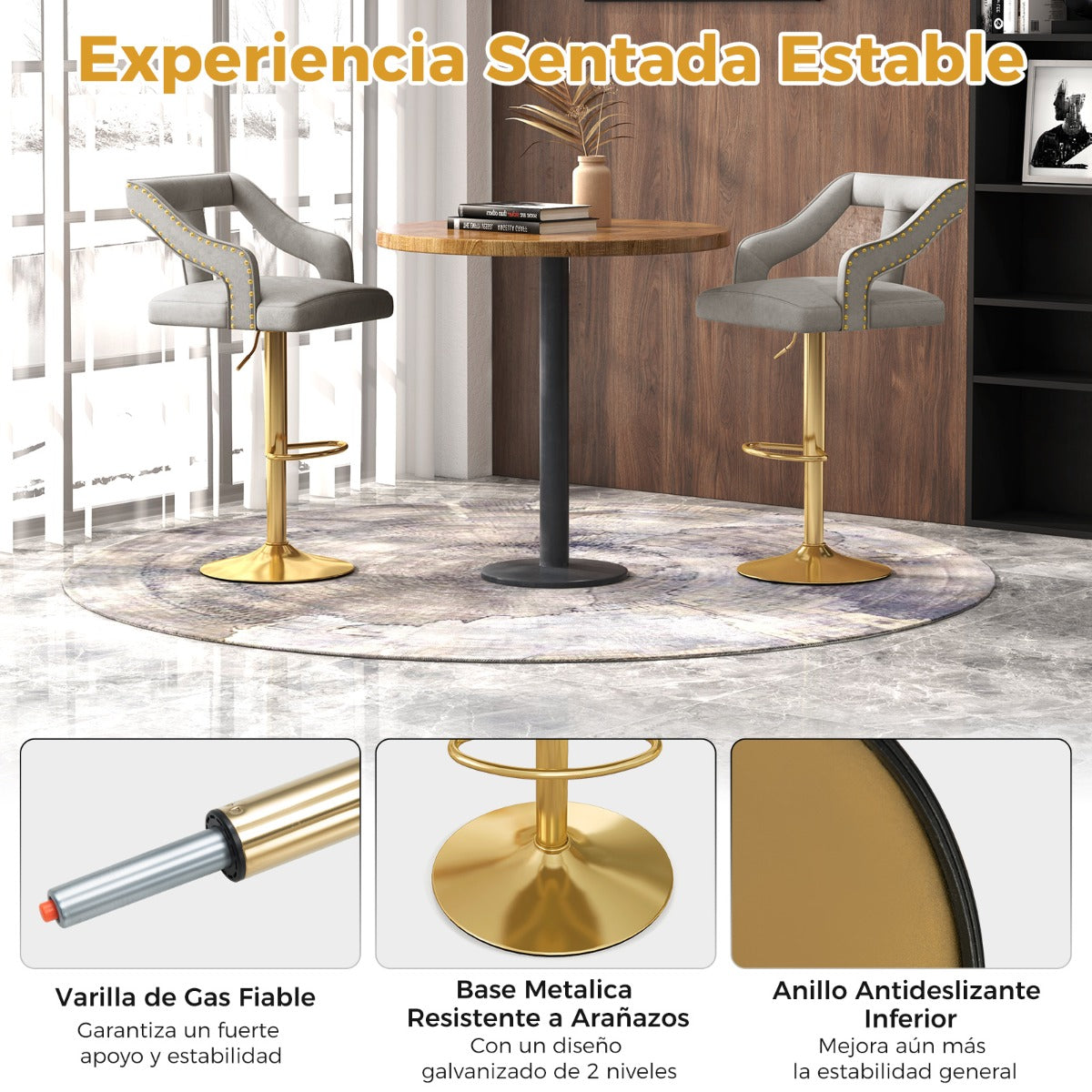 Juego de 2 Sillas de Bar Taburete Giratorio Ajustable con Reposapiés Base de Metal Silla de Comedor de Terciopelo Holandés para Bar Gris