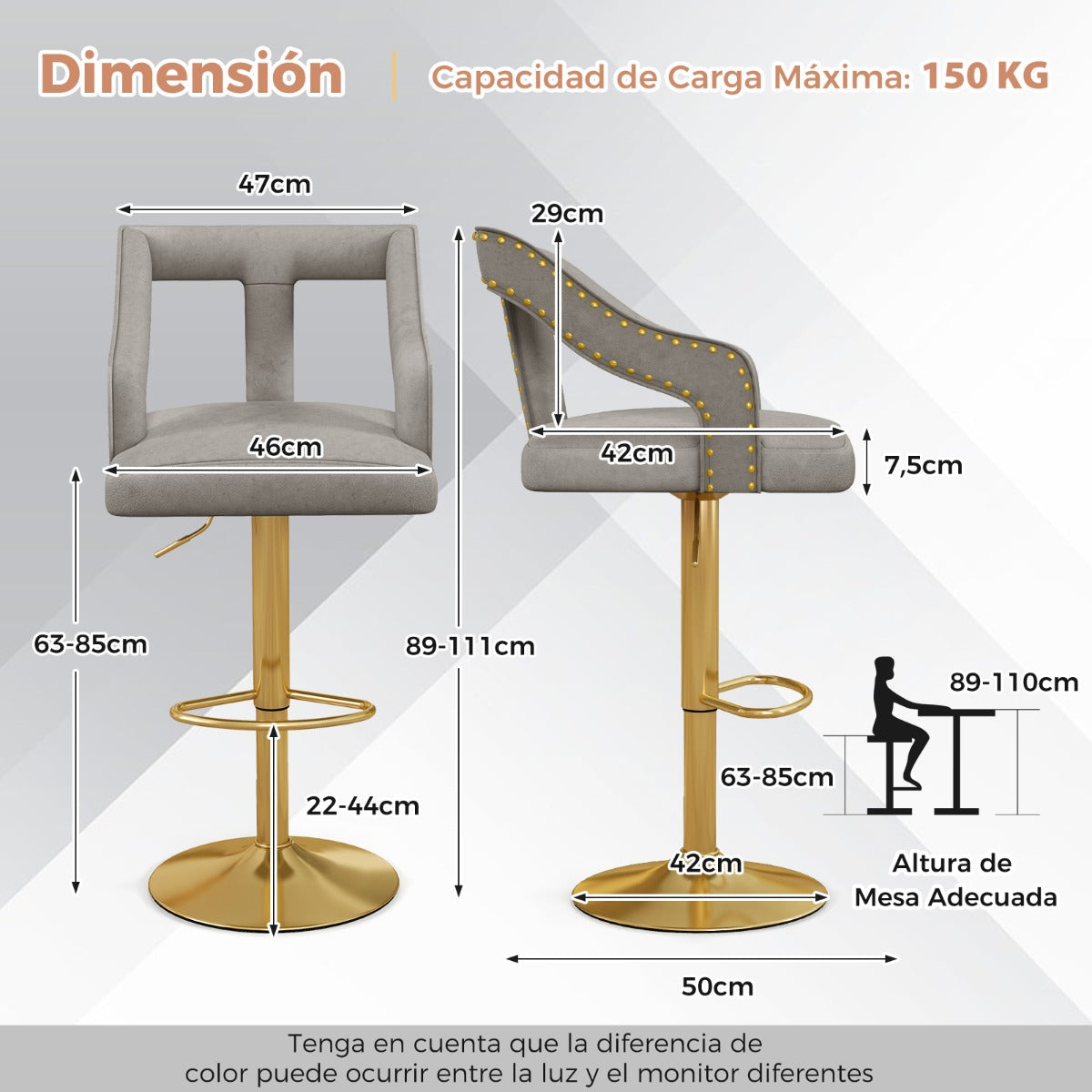 Juego de 2 Sillas de Bar Taburete Giratorio Ajustable con Reposapiés Base de Metal Silla de Comedor de Terciopelo Holandés para Bar Gris