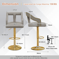 Juego de 2 Sillas de Bar Taburete Giratorio Ajustable con Reposapiés Base de Metal Silla de Comedor de Terciopelo Holandés para Bar Gris