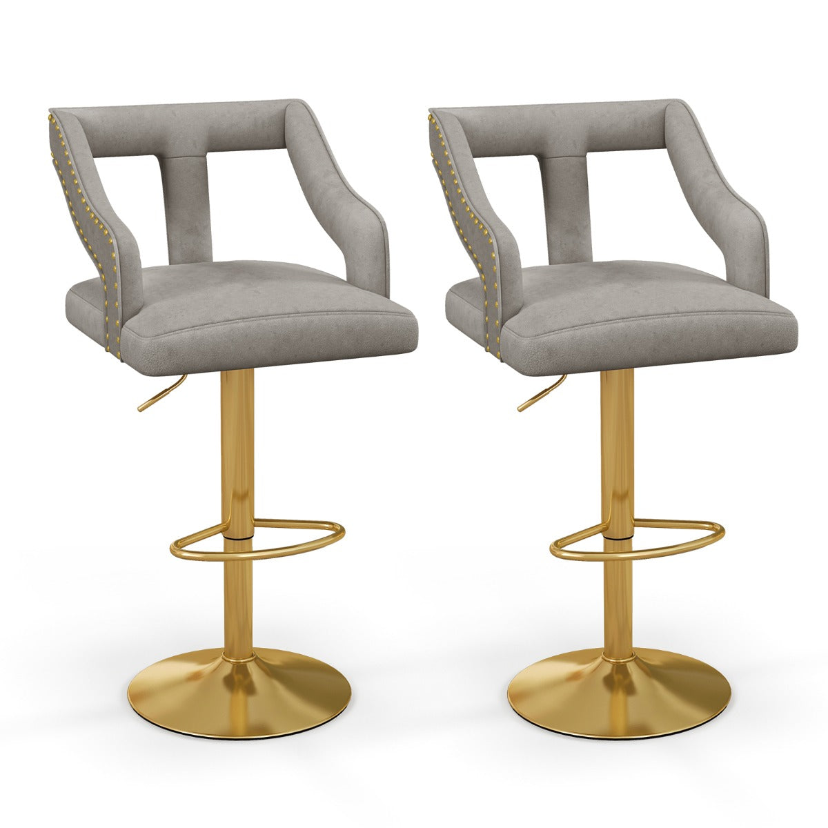 Juego de 2 Sillas de Bar Taburete Giratorio Ajustable con Reposapiés Base de Metal Silla de Comedor de Terciopelo Holandés para Bar Gris