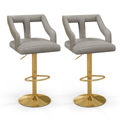 Juego de 2 Sillas de Bar Taburete Giratorio Ajustable con Reposapiés Base de Metal Silla de Comedor de Terciopelo Holandés para Bar Gris