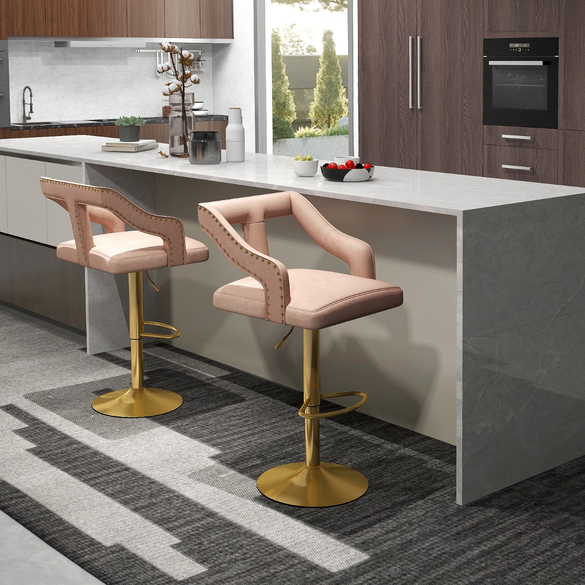 Juego de 2 Sillas de Bar Taburete Giratorio Ajustable con Reposapiés Base de Metal Silla de Comedor de Terciopelo Holandés para Bar Rosa
