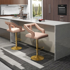 Juego de 2 Sillas de Bar Taburete Giratorio Ajustable con Reposapiés Base de Metal Silla de Comedor de Terciopelo Holandés para Bar Rosa
