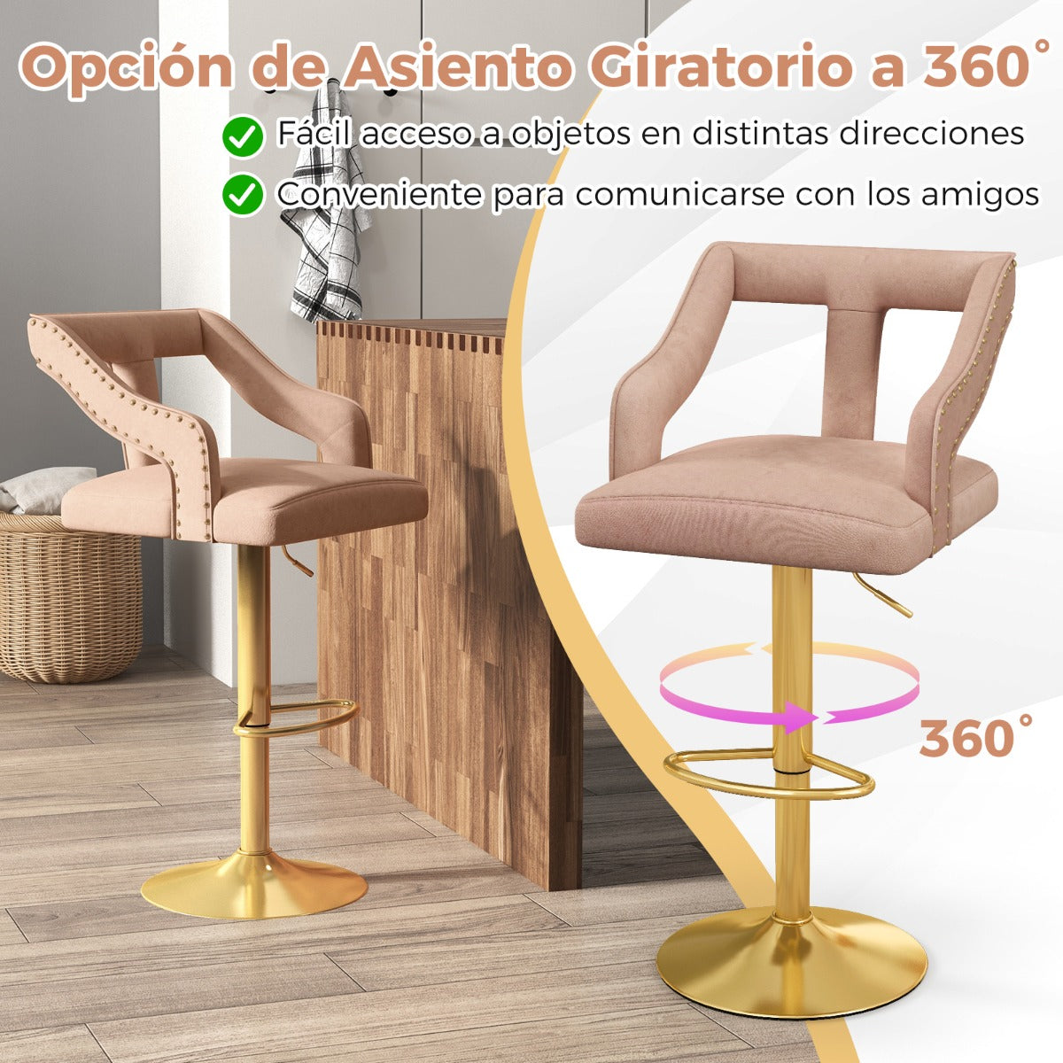 Juego de 2 Sillas de Bar Taburete Giratorio Ajustable con Reposapiés Base de Metal Silla de Comedor de Terciopelo Holandés para Bar Rosa