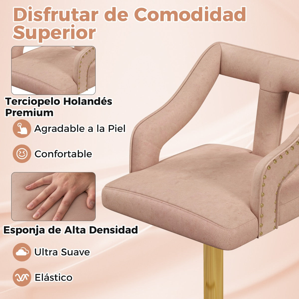 Juego de 2 Sillas de Bar Taburete Giratorio Ajustable con Reposapiés Base de Metal Silla de Comedor de Terciopelo Holandés para Bar Rosa